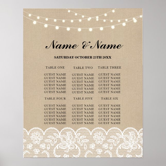 Table Wedding Rustic Lace Burlap Poster Seating (Front)