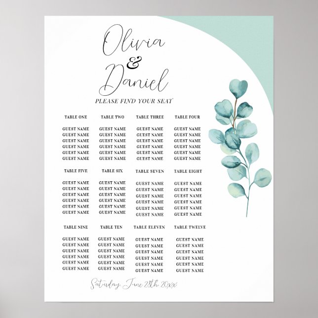 Table Wedding Seating 12 Eucalyptus Leaves Green  Poster (Front)
