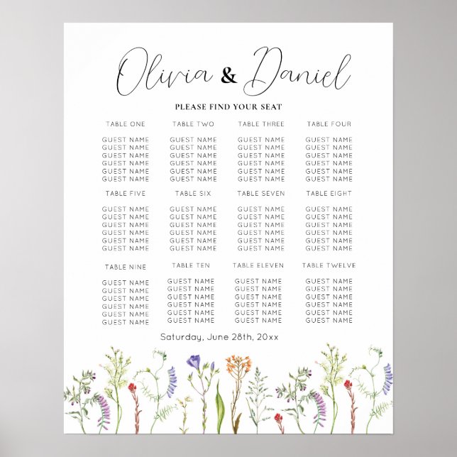 Table Wedding Seating 12 Wildflowers Floral Poster (Front)