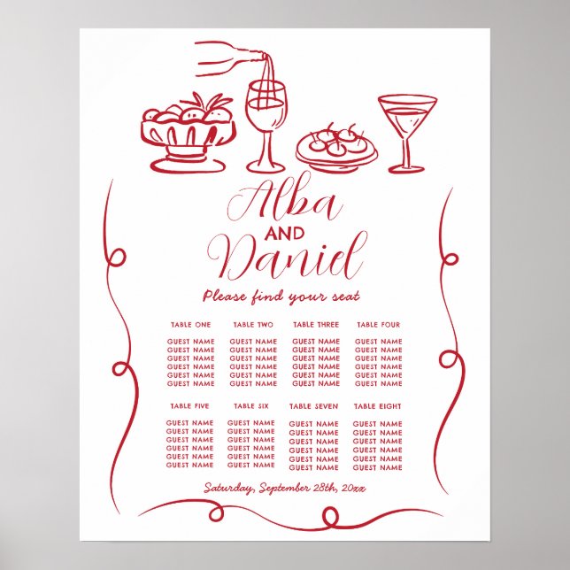 Table Wedding Seating 8 Whimsical Hand Drawn  Poster (Front)