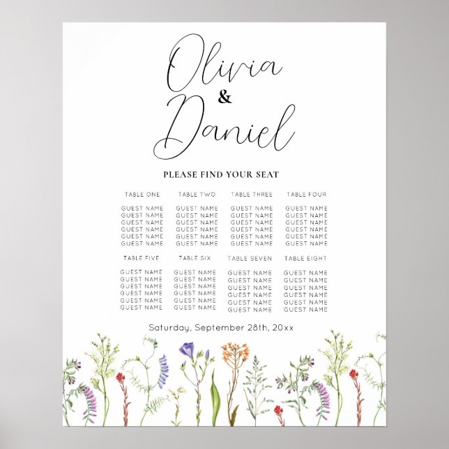 Table Wedding Seating 8 Wildflowers Floral Poster (Front)