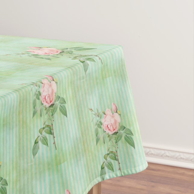 Tablecloth Green Stripe Pink Rose Floral (In Situ)