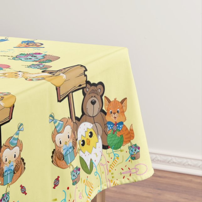 Tablecloth, Happy Birthday Yellow Bear Fox Chicks  Tablecloth (In Situ)