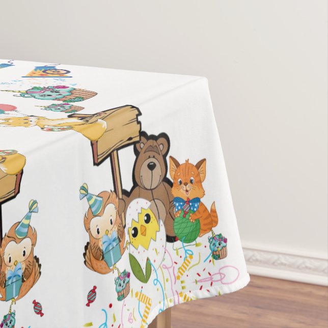Tablecloth, Happy Birthday Yellow Bear Fox Chicks  Tablecloth (In Situ)