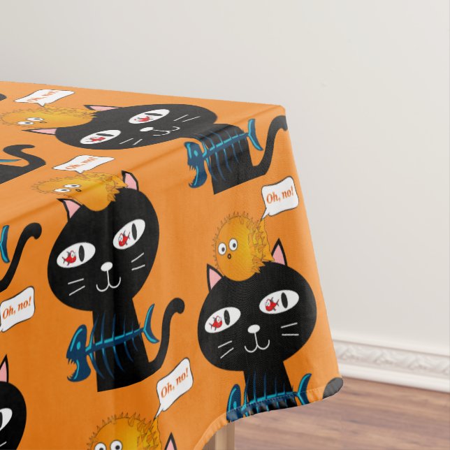 Tablecloth Orange Black Cat Fishbones (In Situ)