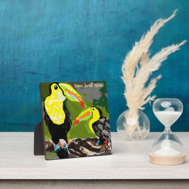 Tabletop  Easel With Canvas ; Tropicle Birds Plaque (Insitu)