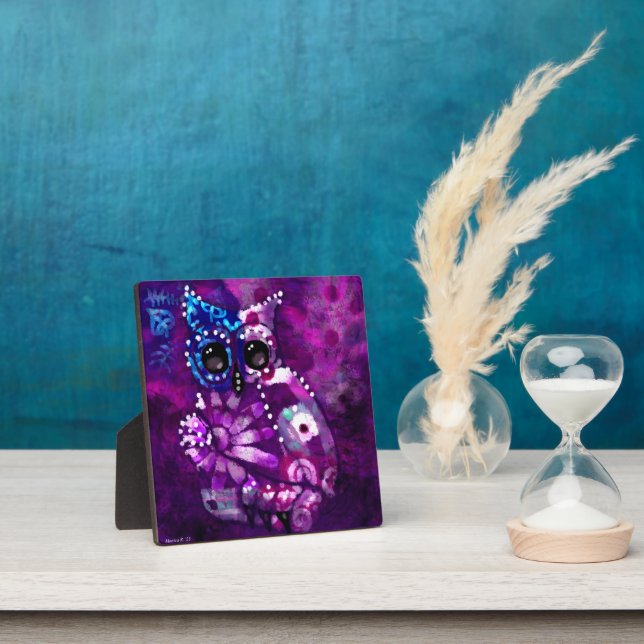 Tabletop Plaque Whimsical Abstract Owl Purple (Insitu)