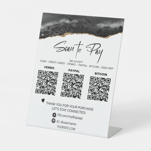 *~* Tabletop QR 3 PAYMENT Table Tent AGATE GLITTER Pedestal Sign (Front)