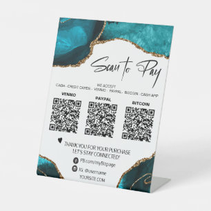*~* Tabletop QR -  3 PAYMENT Table Tent AGATE GOLD Pedestal Sign