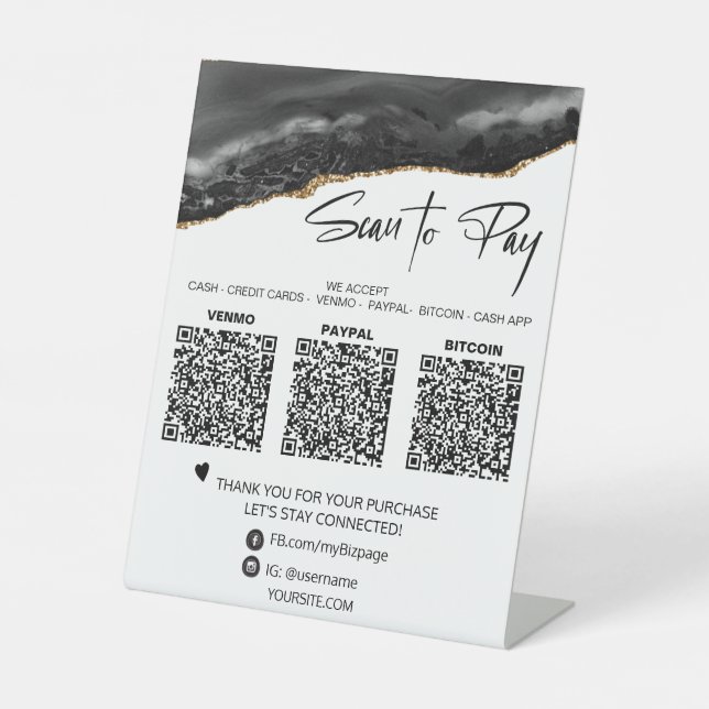 *~* Tabletop QR 3 PAYMENT Table Tent AGATE GOLD Pedestal Sign (Front)