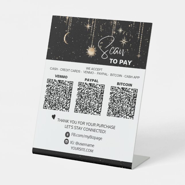 *~* Tabletop QR 3 PAYMENT Table Tent Cosmic Moon Pedestal Sign (Front)