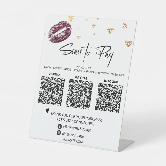 *~* Tabletop QR  3 PAYMENT Table Tent DIAMOND LIPS Pedestal Sign (Front)