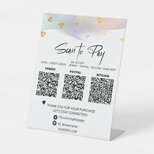 *~* Tabletop QR  3 PAYMENT Table Tent DIAMONDS Pedestal Sign (Front)