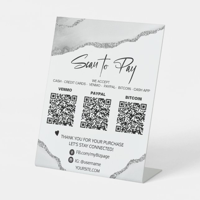 *~* Tabletop QR 3 PAYMENT Table Tent SILVER AGATE Pedestal Sign (Front)