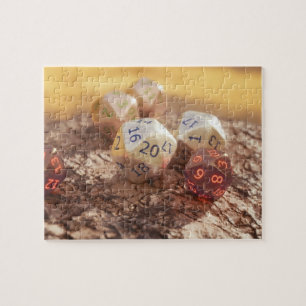 Tabletop RPG   Fantasy Role Player Dice on Bark Jigsaw Puzzle