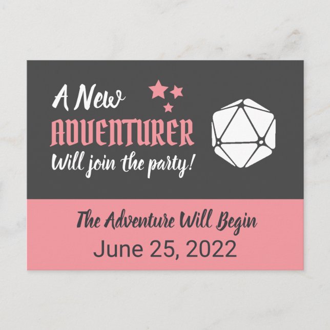 Tabletop RPG Pink Pregnancy Announcement Postcard (Front)