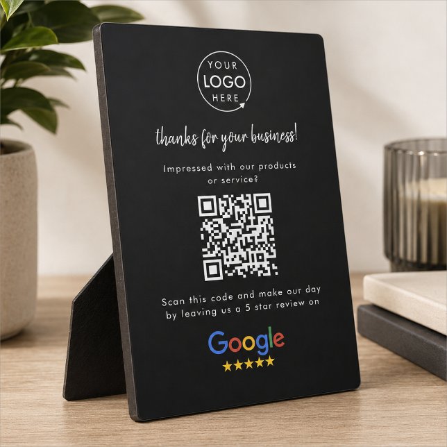 Tabletop Sign | Google Review QR Code Plaque (Google Review interactive QR code tabletop easel plaque sign branded with your company logo.)