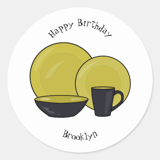Tableware set cartoon illustration classic round sticker (Front)