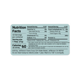 Tabular Honey Nutrition Facts Turquoise Product Label