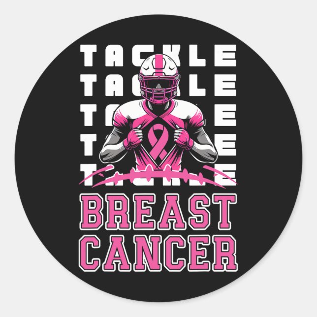 Tackle Football Breast Cancer Awareness Pink Ribbo Classic Round Sticker (Front)