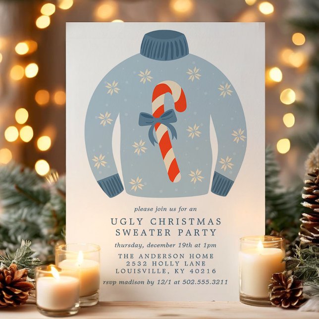 Tacky Candy Cane Ugly Christmas Sweater Party Invitation (Creator Uploaded)