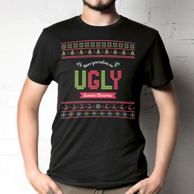 Tacky Christmas Nordic Knit Pattern Green Red Ugly T-Shirt (Creator Uploaded)