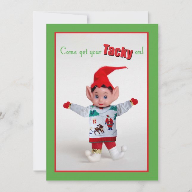 Tacky Christmas Sweater Party Invitation Funny Elf (Front)