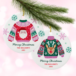 Tacky Christmas Sweater Santa Family Name Ceramic Ornament