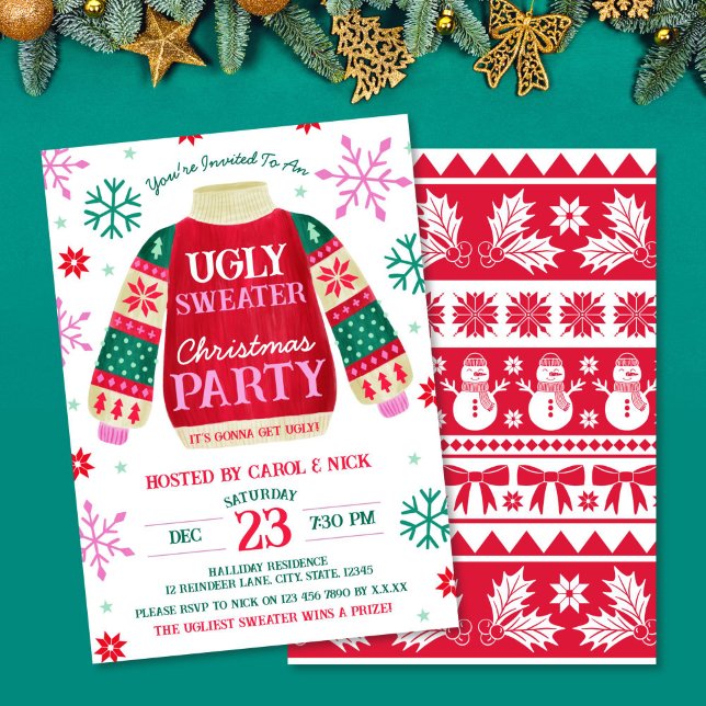 Tacky Festive Ugly Sweater Party Red and Green Invitation (Tacky Festive Ugly Sweater Party Red and Green Invitation)