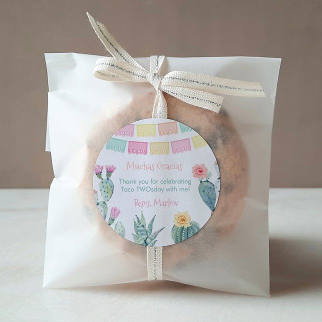 Taco About A Fiesta Baby Shower Party Thank You Classic Round Sticker (Colorful Mexican theme Taco TWOsday or THREE-esta birthday party favor thank you sticker)