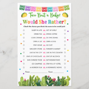 Taco Baby Shower Would She Rather Game Cacti theme