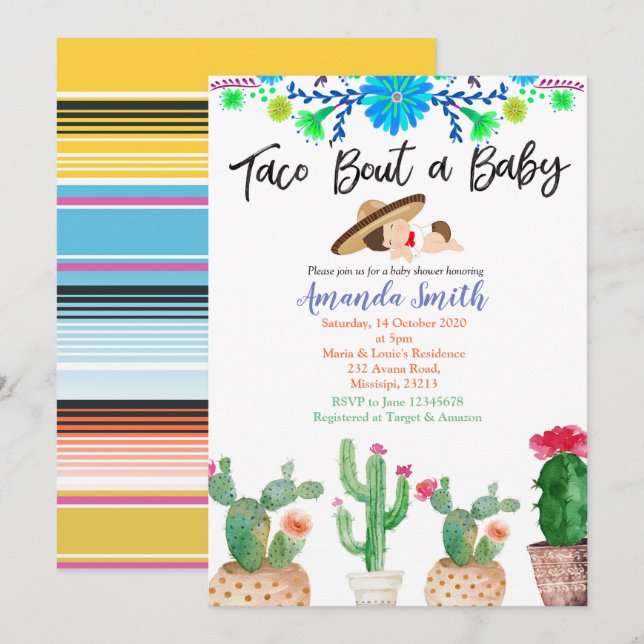 Taco Bout A Baby cactus baby shower Invite boy (Front/Back)