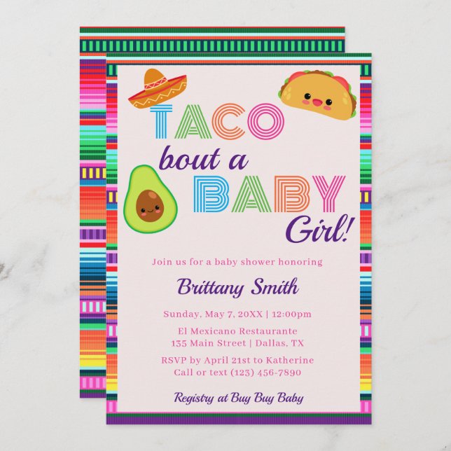 Taco Bout A Baby Girl Fiesta Stripe Baby Shower Invitation (Front/Back)