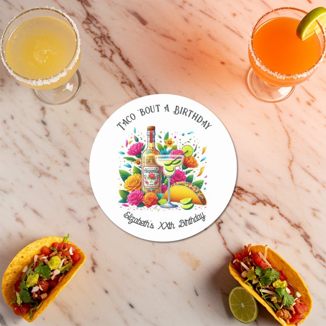“Taco ’Bout a Birthday” Fiesta Classic Round Sticker (“Taco ’Bout a Birthday” Fiesta Classic Round Sticker)