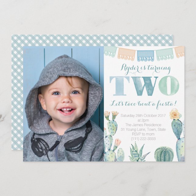 Taco Bout A Fiesta, Boy 2nd Birthday Party Picture Invitation (Front/Back)