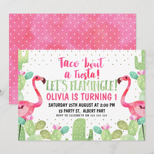 Taco 'bout A Fiesta Flamingos Birthday Invitation (Front/Back)