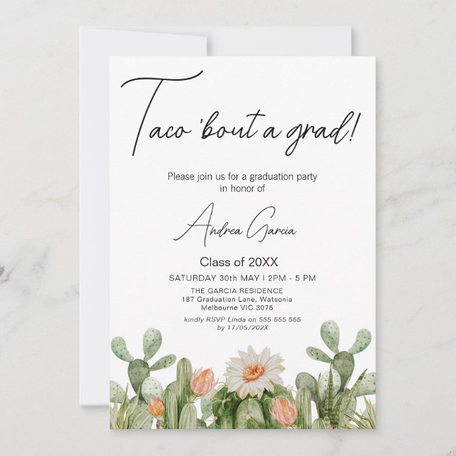 Taco Bout A Grad, Flowering Cactus Graduation Invitation (Front)