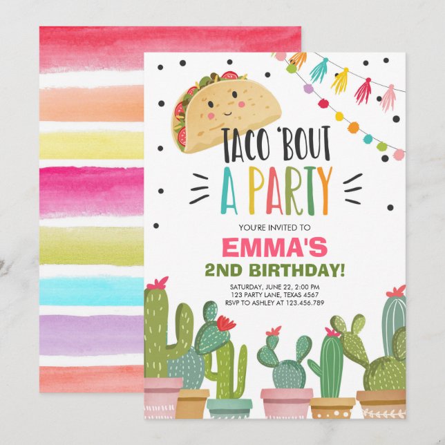 Taco Bout a Party Girl Pink Fiesta Birthday Cactus Invitation (Front/Back)