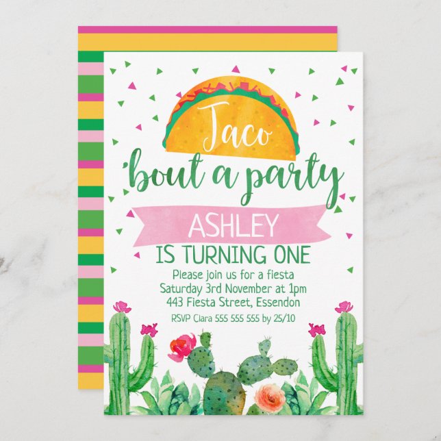 Taco bout a party themed Birthday Invitation (Front/Back)