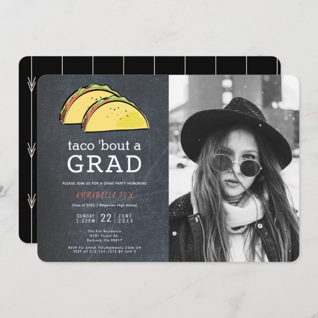 Taco Bout GRAD Photo Chalkboard Black Graduation Invitation (Front/Back)