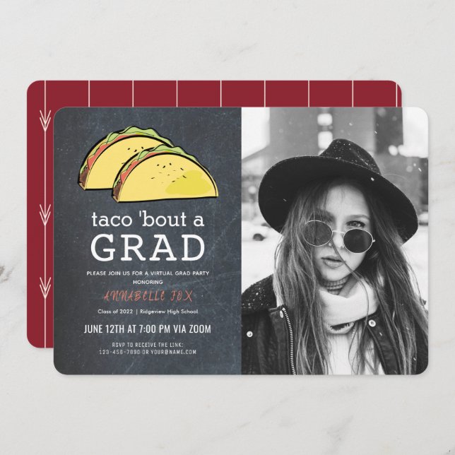 Taco Bout GRAD Photo Chkbd Red Virtual Graduation Invitation (Front/Back)