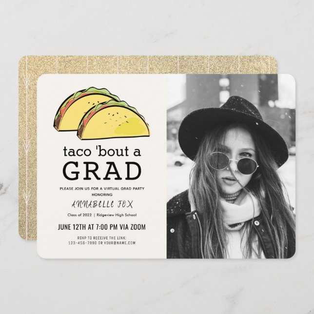 Taco Bout GRAD Photo Gold Virtual Graduation Invitation (Front/Back)