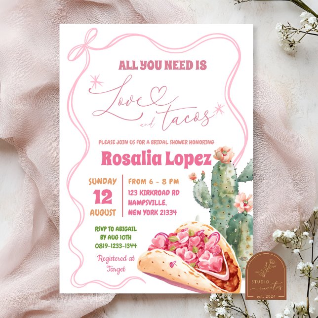 Taco Bout Love Pink Bow Mexican Bridal Shower Invitation (Creator Uploaded)