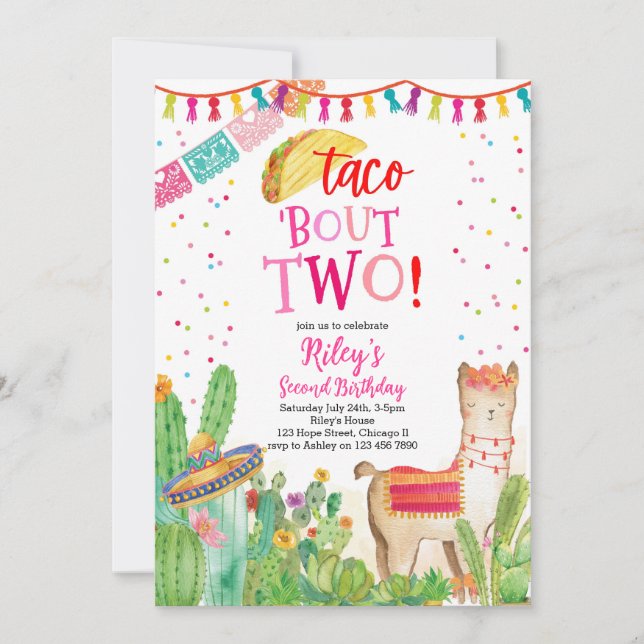 Taco Bout Two Fiesta Girl 2nd Birthday Invitation  (Front)