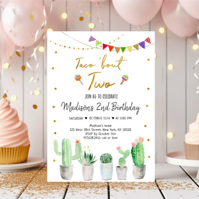 Taco 'Bout Two Gold Fiesta Birthday Invitation (Creator Uploaded)
