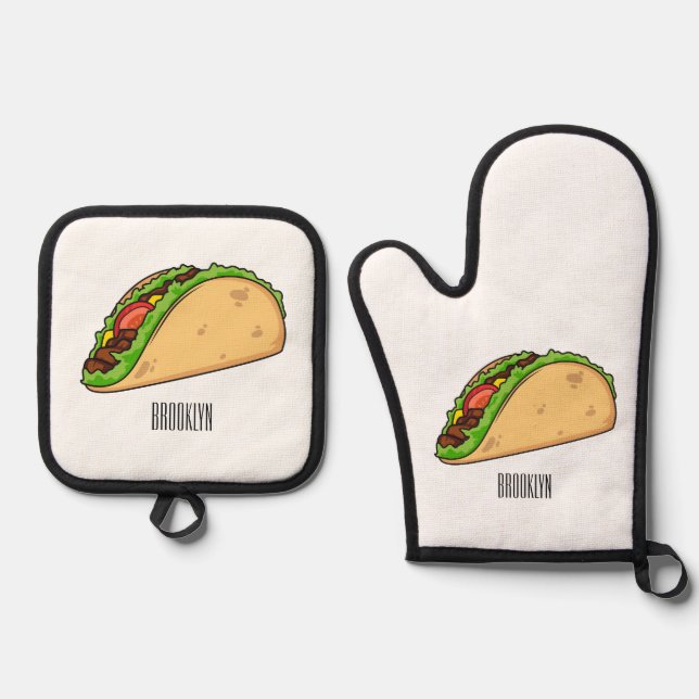Taco cartoon illustration oven mitt & pot holder set (Front)