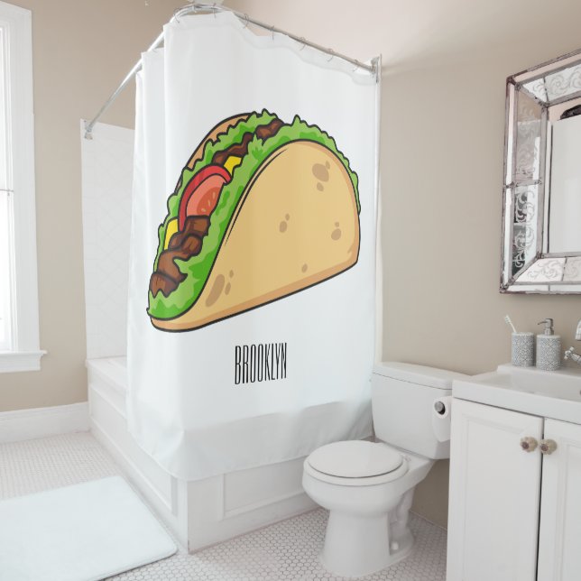 Taco cartoon illustration shower curtain (In Situ)