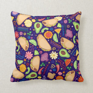 Taco Fiesta on Blue Festive Mexican Food & Flowers Cushion