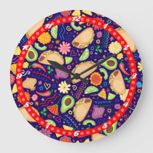 Taco Fiesta on Blue Festive Mexican Food & Flowers Large Clock