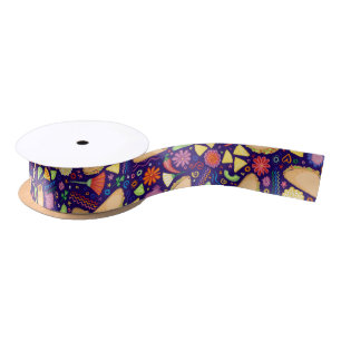 Taco Fiesta on Blue Festive Mexican Food & Flowers Satin Ribbon